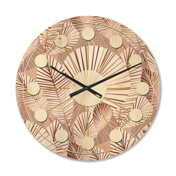 Designart 'Golden Tropical Leaves Pattern IV' Mid-Century Modern Wood Wall Clock
