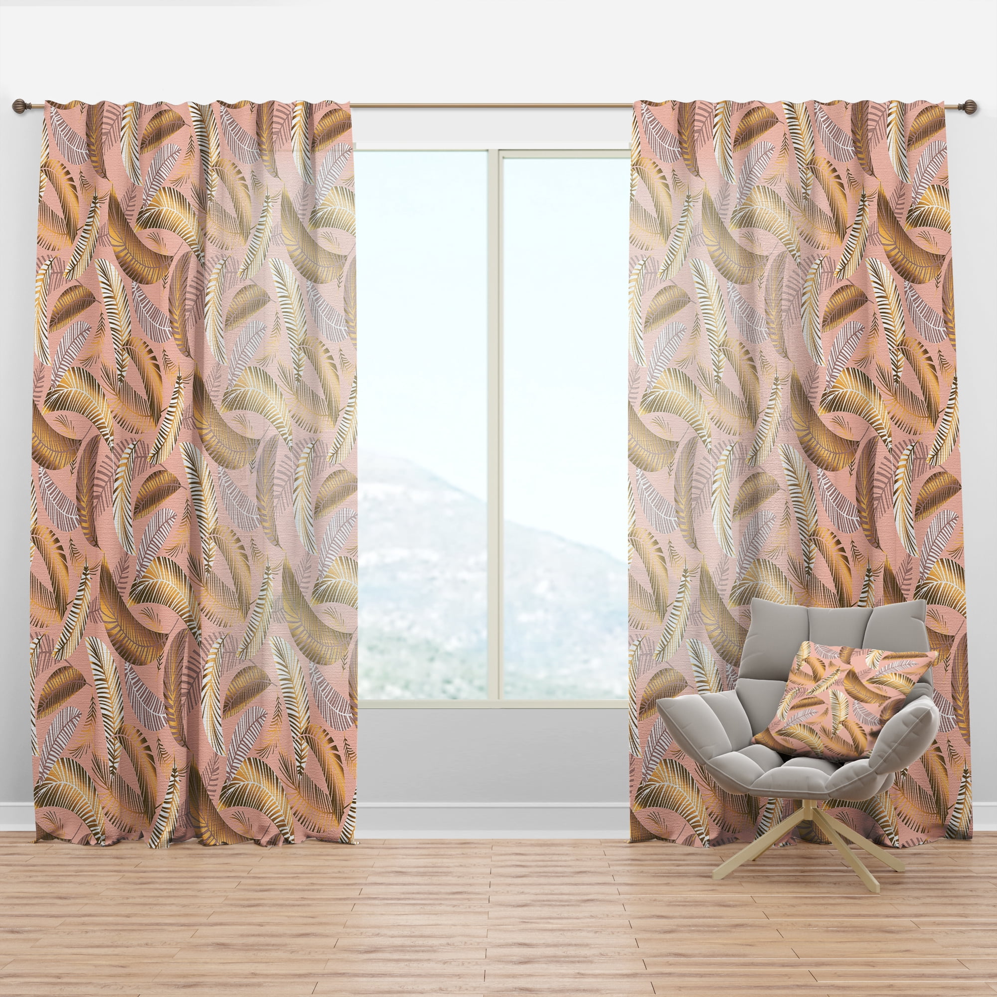 Designart 'Golden Tropical Leaves Pattern V' Mid-Century Modern Curtain Panel