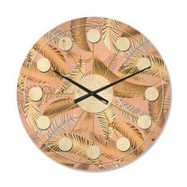 Designart 'Golden Tropical Leaves Pattern V' Mid-Century Modern Wood Wall Clock