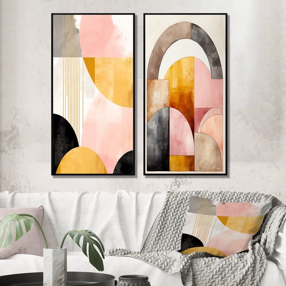 Designart "Golden Vintage Cityscape" Modern Geometric Framed Wall Art Set Of 2 - Modern Pink Gallery Wall Frame Set For Home Decor