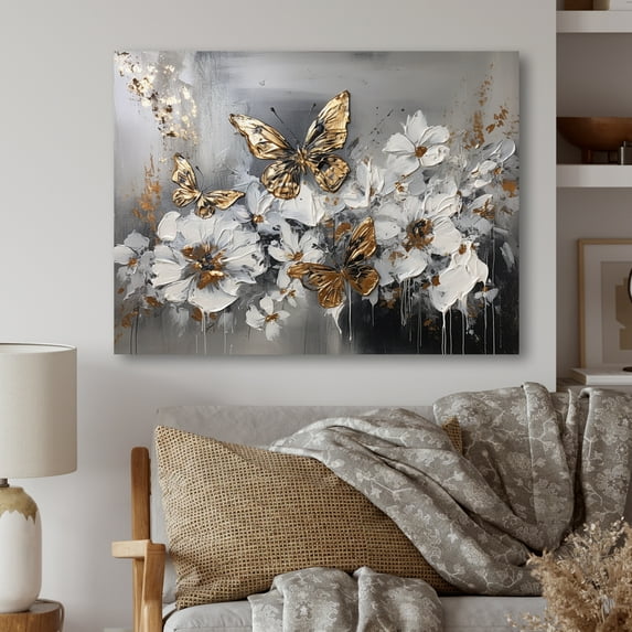 Designart "Golden White Butterfly Wings And Flowers I" Floral Canvas Art Print