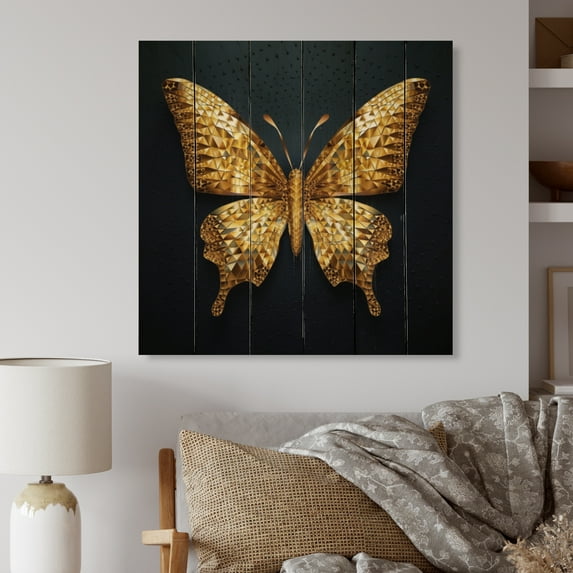 Designart "Golden Winged Elegance II" Animals Print on Natural Pine Wood