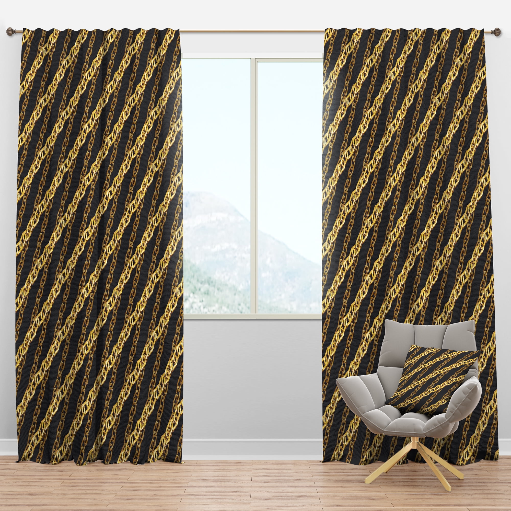Designart 'Golden ZigZag Chain On Black' Mid-Century Modern Blackout Curtain Panel