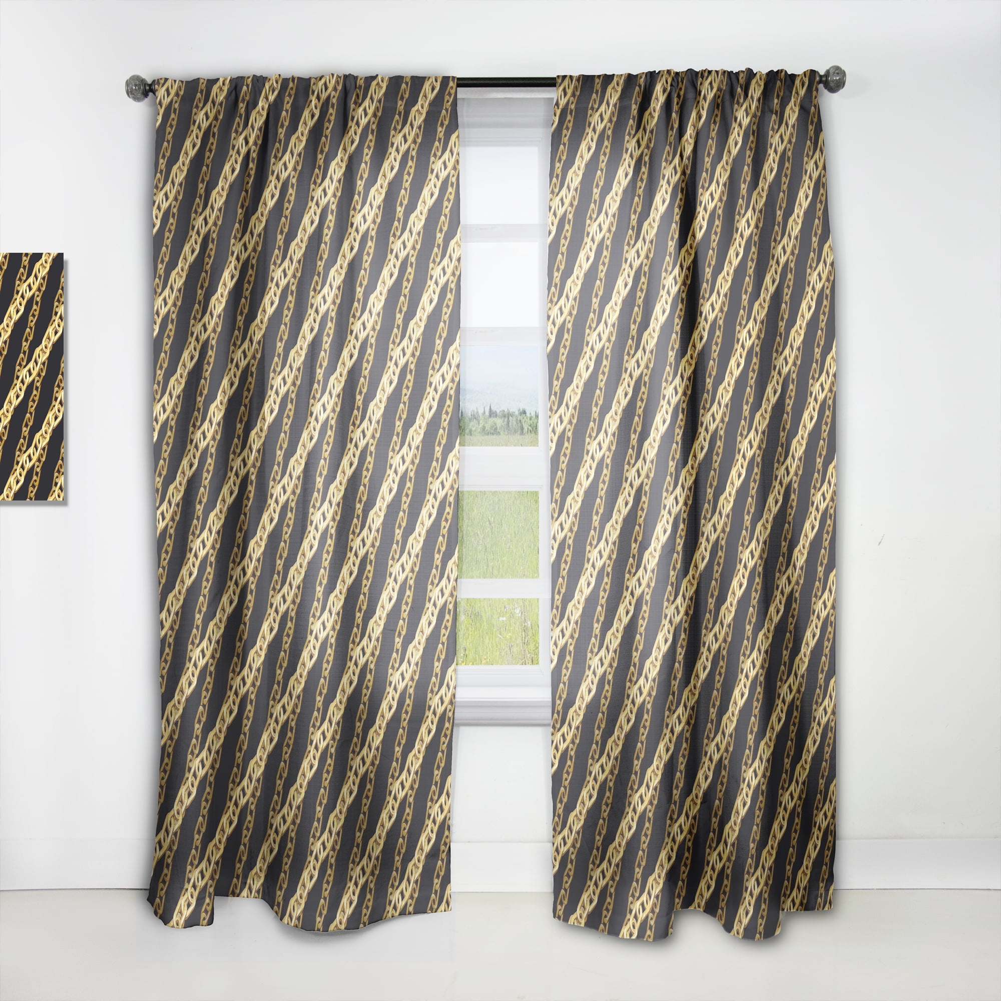 Designart 'Golden ZigZag Chain On Black' Mid-Century Modern Curtain Panel
