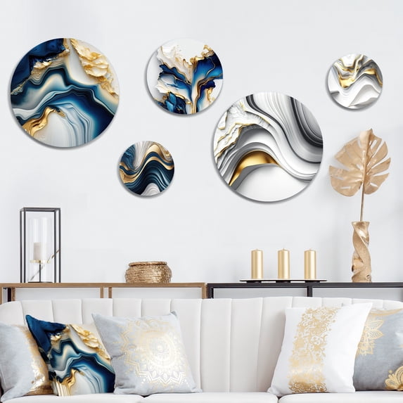 Designart "Golden and Azure Geode Marble II" Abstract Marble Metal Wall Art Set of 5 Piece
