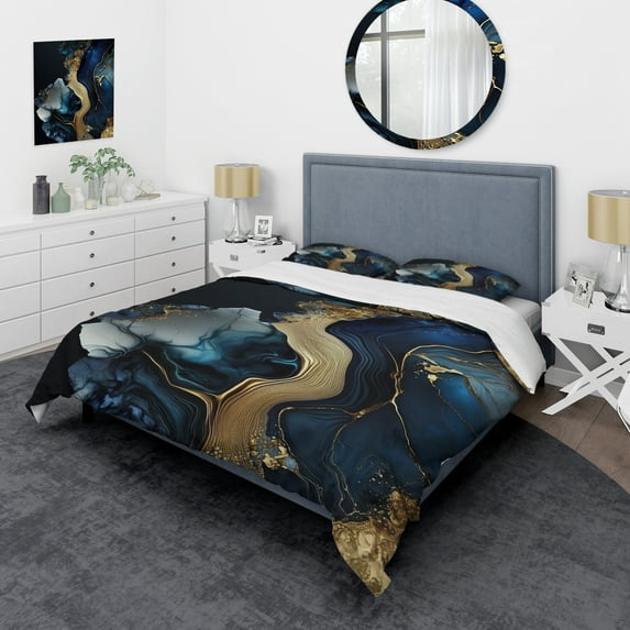 Designart "Golden and Azure Geode Marble V" Abstract Marble Bedding Covert Set - Modern Blue Abstract Bed Set With 2 Shams