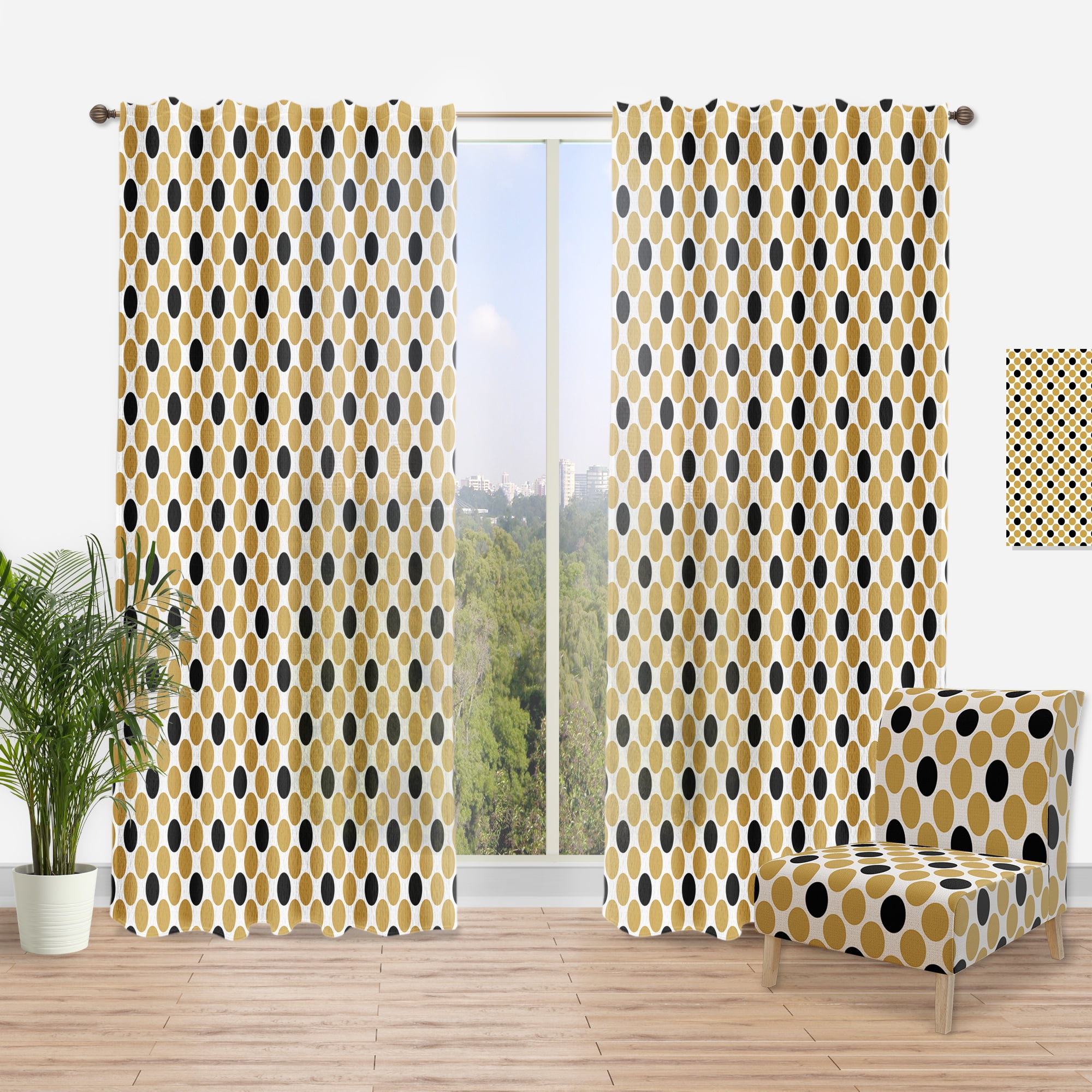 Designart 'Golden and Black Polka Dot' Mid-Century Modern Curtain Panel