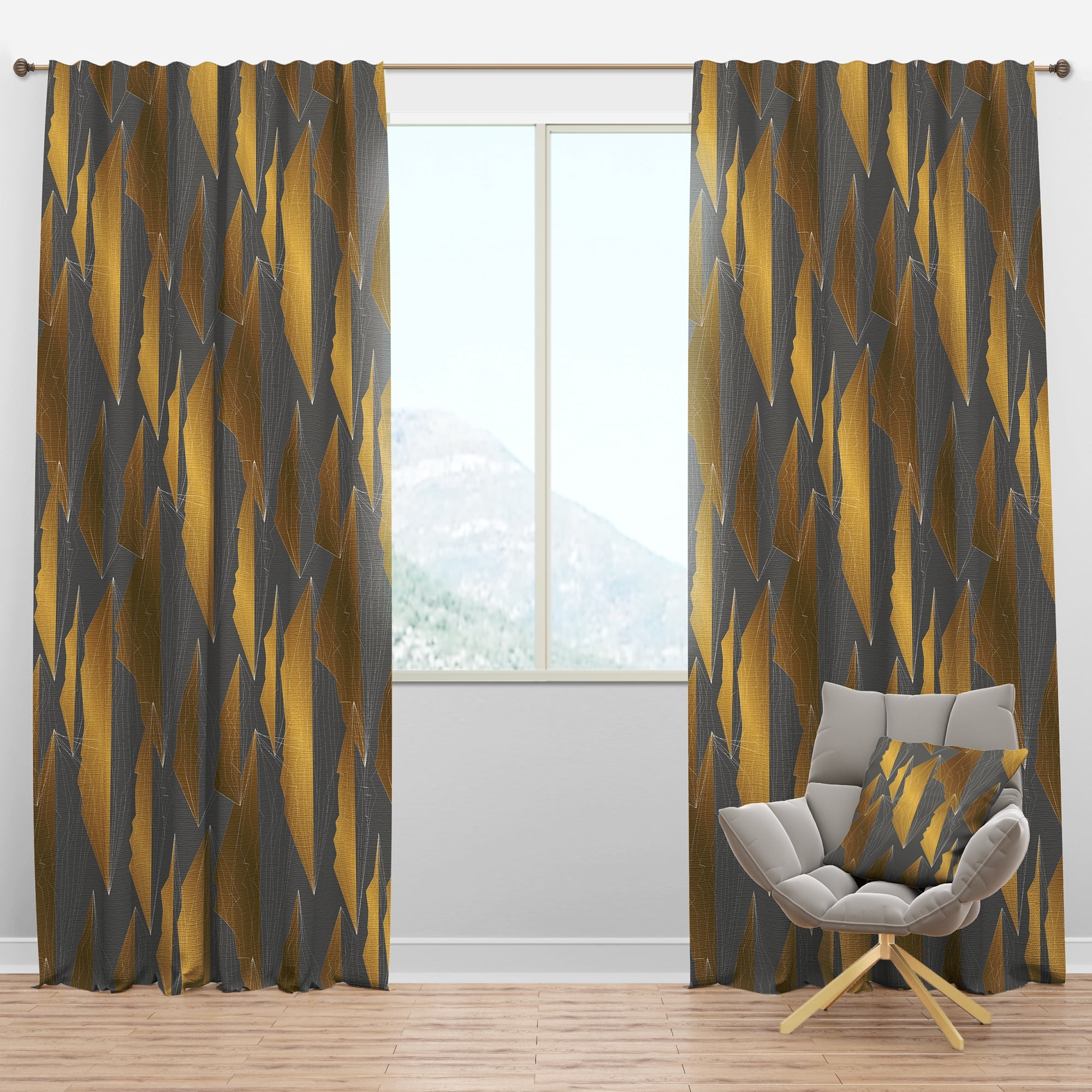Designart 'Golden and Gray Polygon Pattern' Mid-Century Modern Blackout Curtain Panel