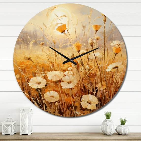 Designart "Golden pastures" Abstract Landscape Oversized Wall Clock
