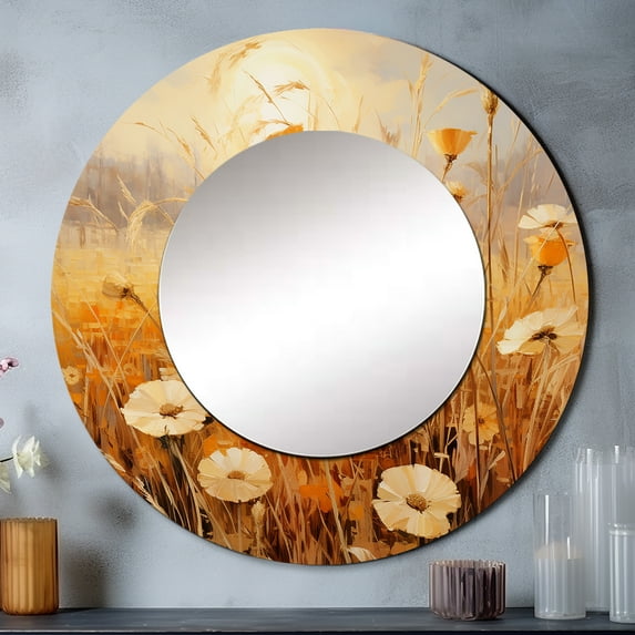 Designart "Golden pastures" Plants & Flowers Rund Mirror For Wall Decor - Large Yellow Round Printed Mirror - Cottage Round Mirror 29" x 29" Inch
