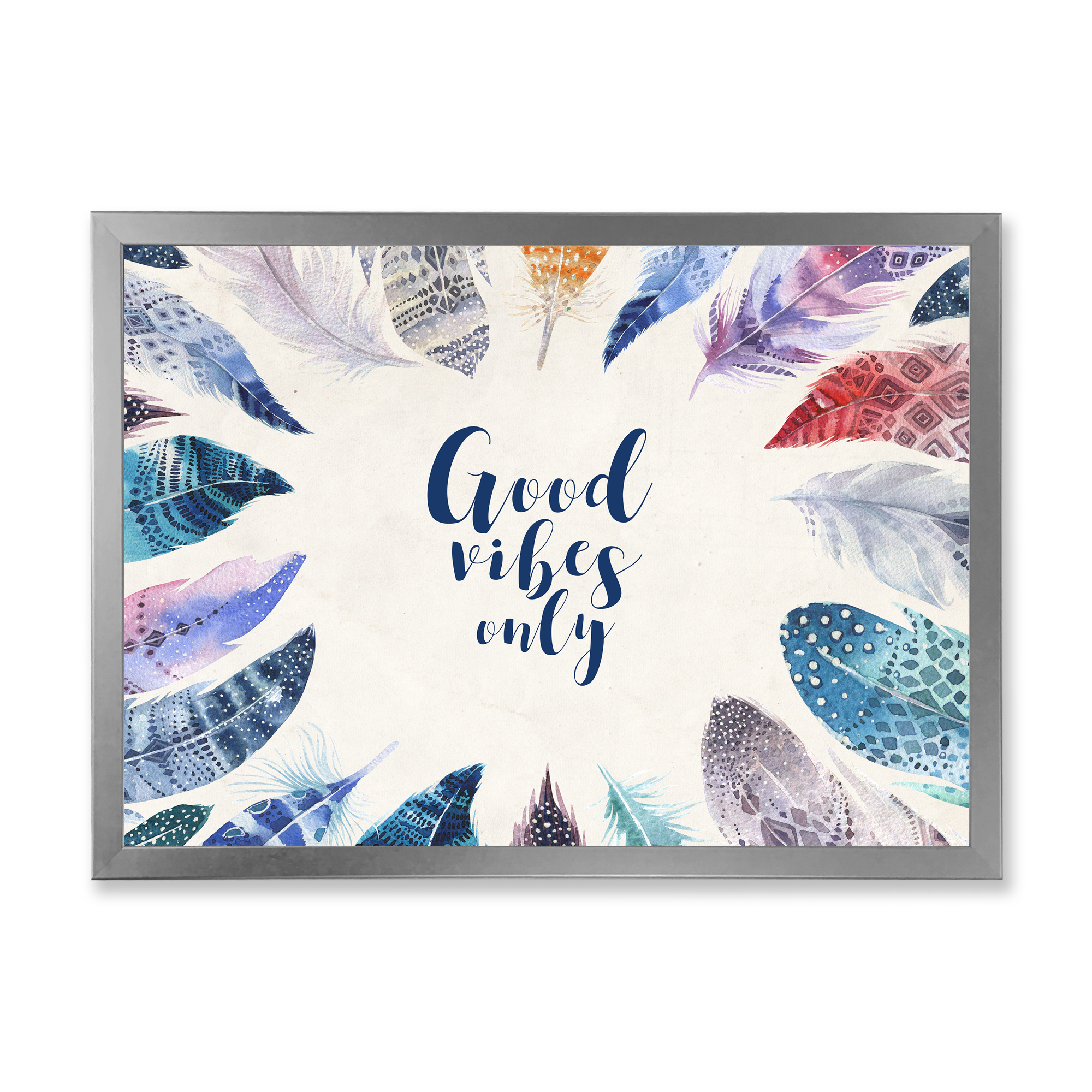 Designart 'Good VIbes Only Under Vibrant Blue Feathers' Bohemian & Eclectic Framed Art Print