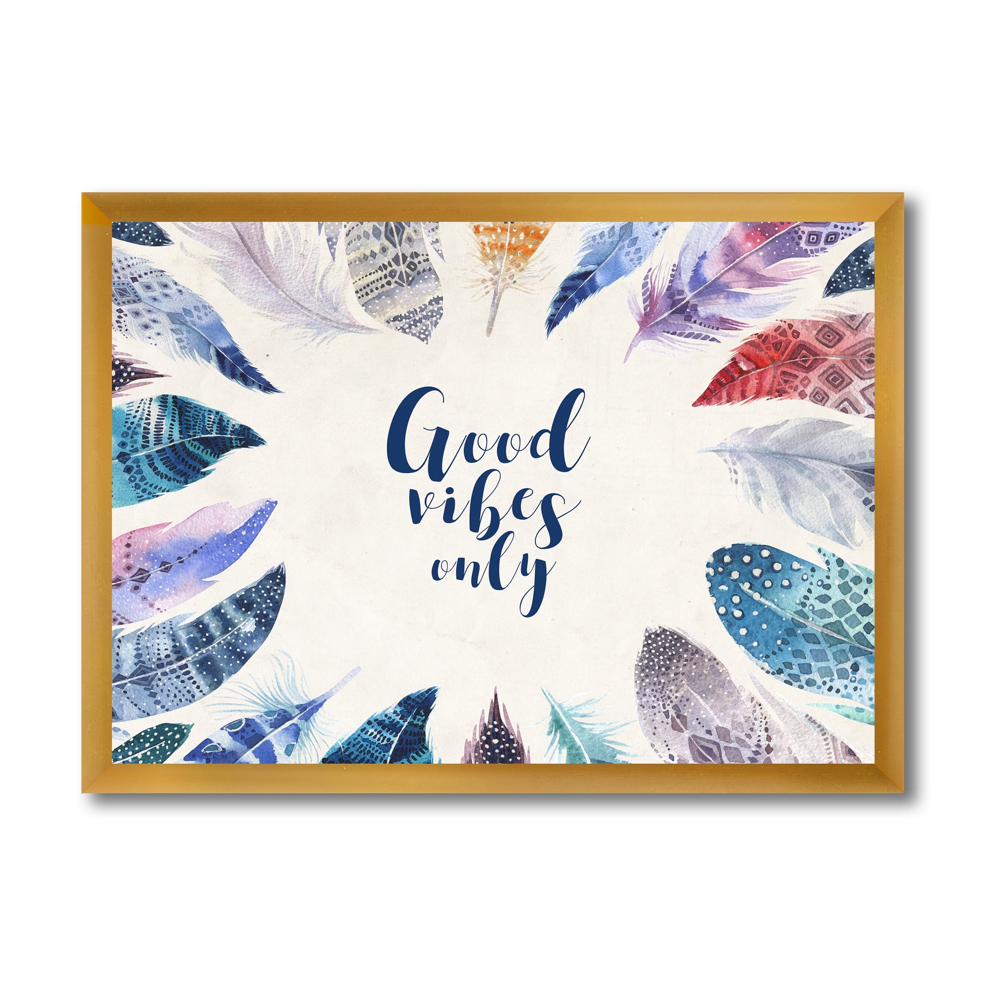 Designart 'Good VIbes Only Under Vibrant Blue Feathers' Bohemian & Eclectic Framed Art Print