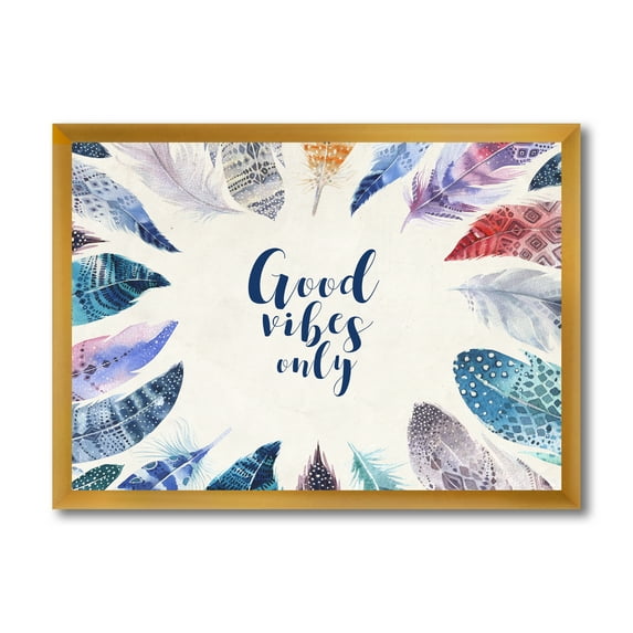 Designart 'Good VIbes Only Under Vibrant Blue Feathers' Bohemian & Eclectic Framed Art Print