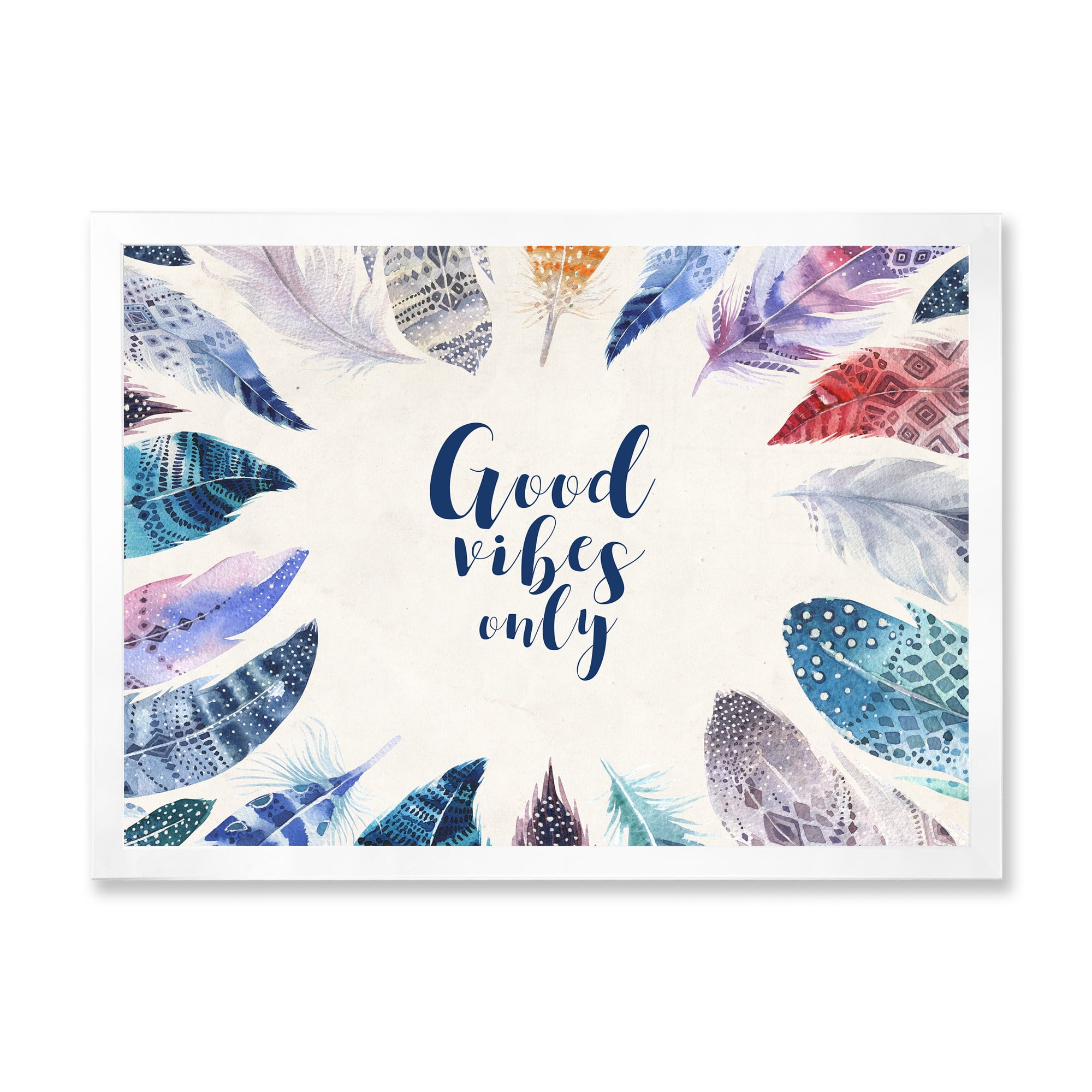 Designart 'Good VIbes Only Under Vibrant Blue Feathers' Bohemian & Eclectic Framed Art Print