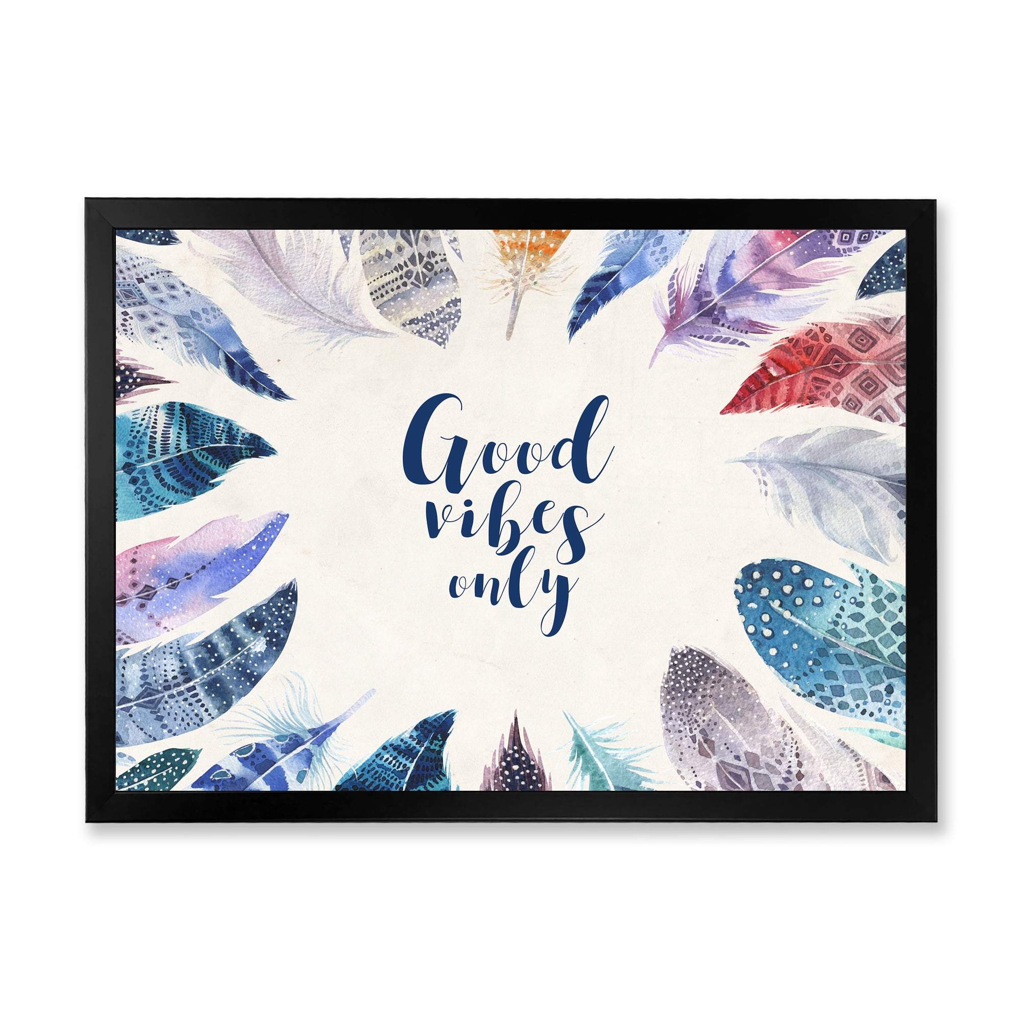 Designart 'Good VIbes Only Under Vibrant Blue Feathers' Bohemian & Eclectic Framed Art Print