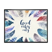 Designart 'Good VIbes Only Under Vibrant Blue Feathers' Bohemian & Eclectic Framed Canvas Wall Art Print