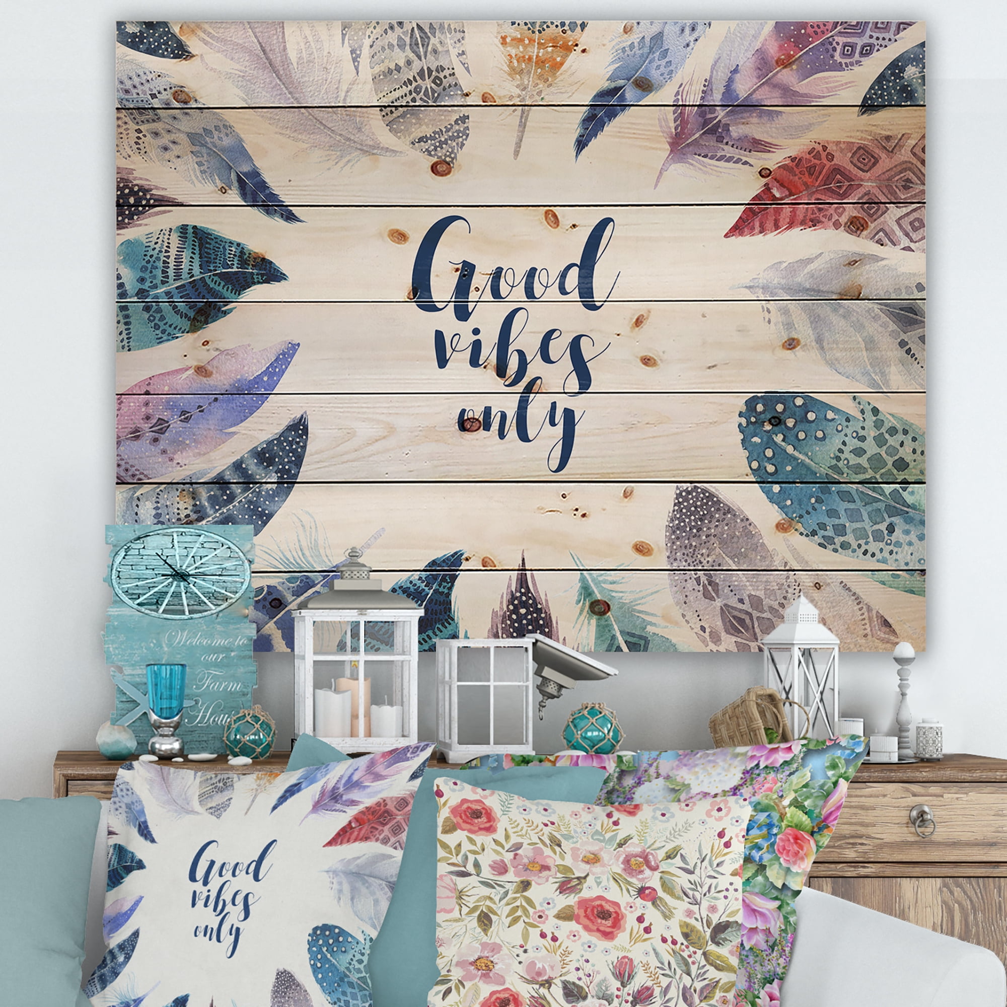 Designart 'Good VIbes Only Under Vibrant Blue Feathers' Bohemian & Eclectic Print on Natural Pine Wood