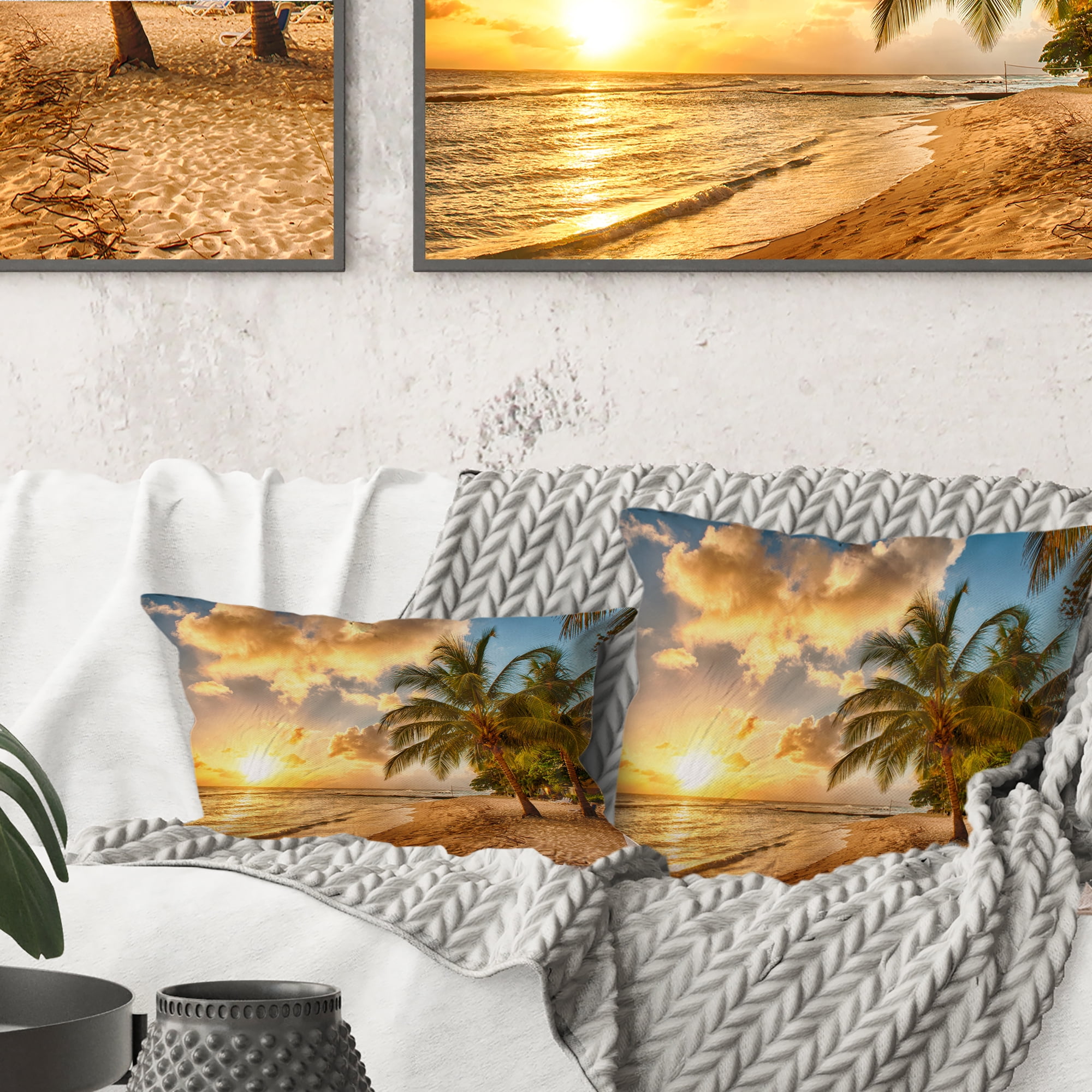 Designart Gorgeous Beach of Island Barbados - Modern Seascape Throw Pillow - 16x16