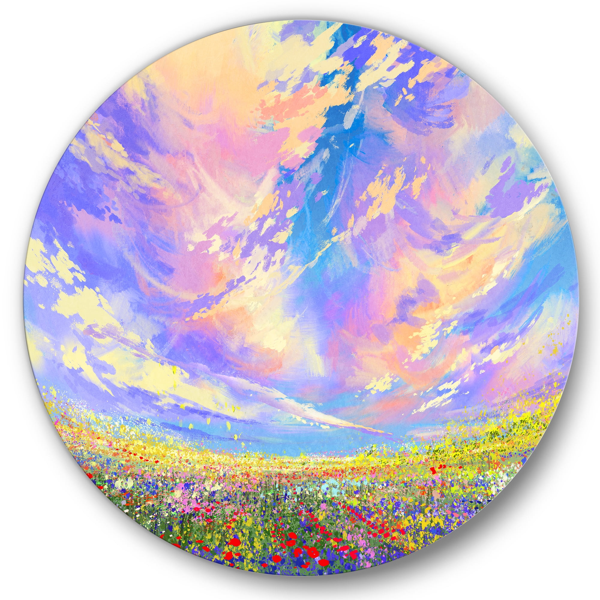 Designart 'Gorgeous Clouds Over Colorful Flowers In Field' Traditional Circle Metal Wall Art 23x23 - Disc of 23