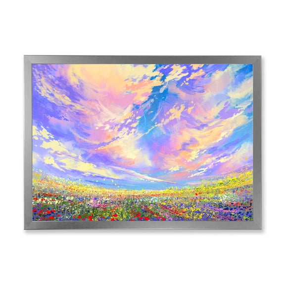 Designart 'Gorgeous Clouds Over Colorful Flowers In Field' Traditional Framed Art Print