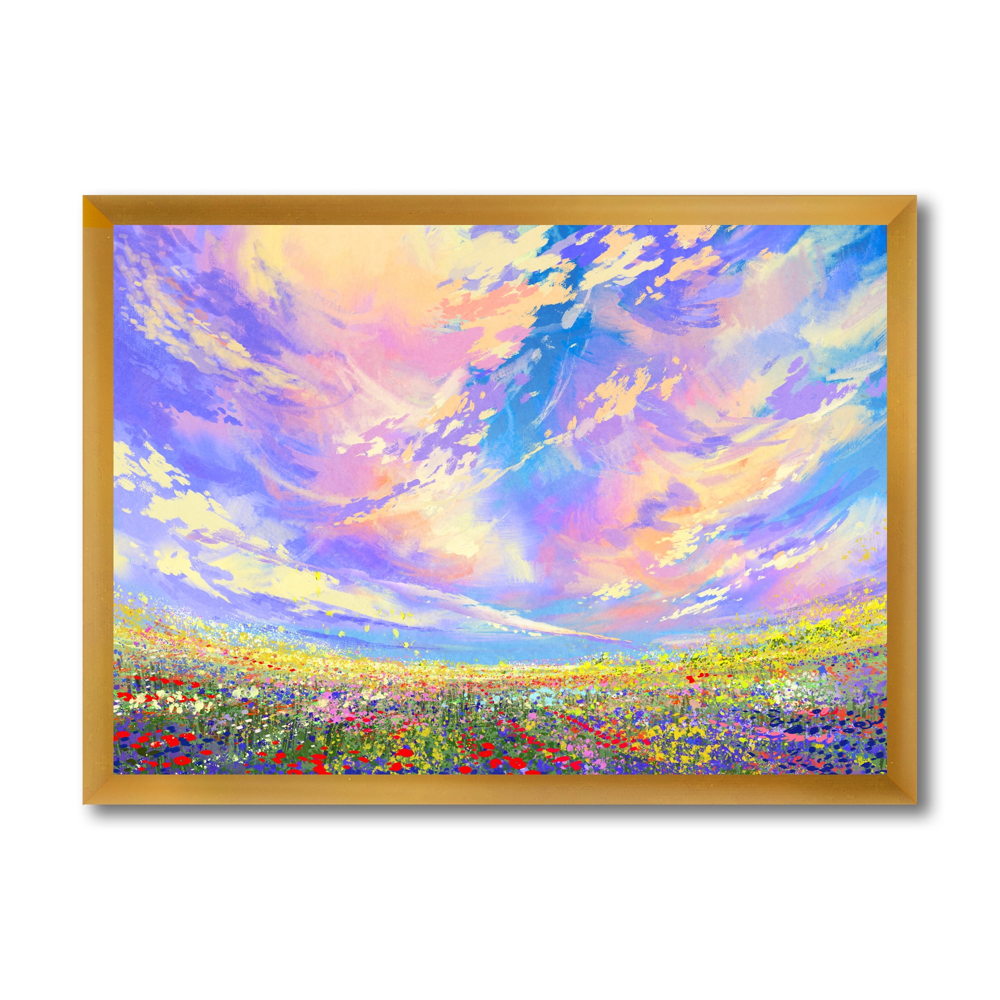 Designart 'Gorgeous Clouds Over Colorful Flowers In Field' Traditional Framed Art Print