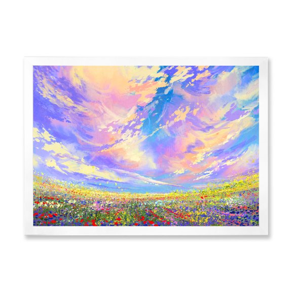 Designart 'Gorgeous Clouds Over Colorful Flowers In Field' Traditional Framed Art Print