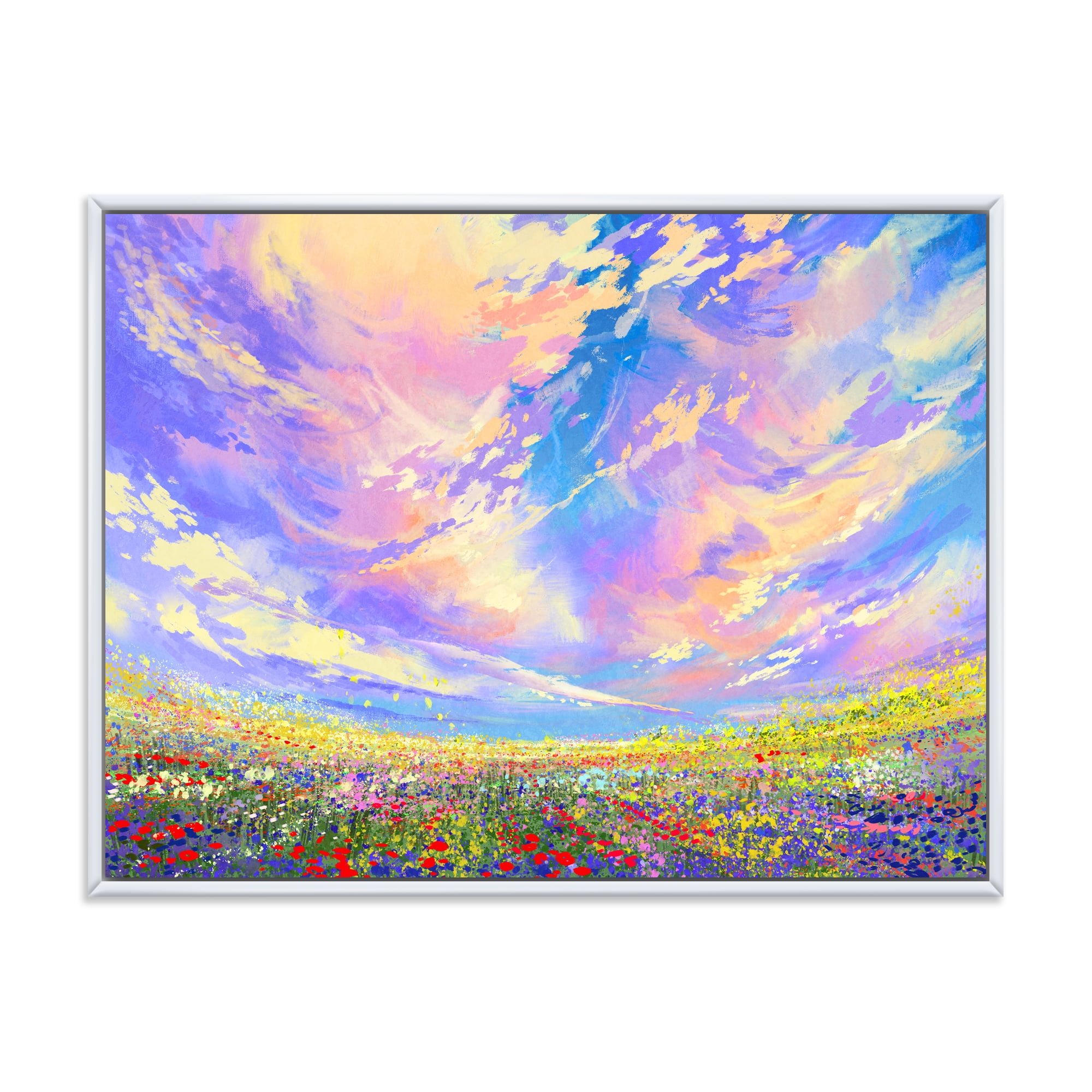 Designart 'Gorgeous Clouds Over Colorful Flowers In Field' Traditional Framed Canvas Wall Art Print