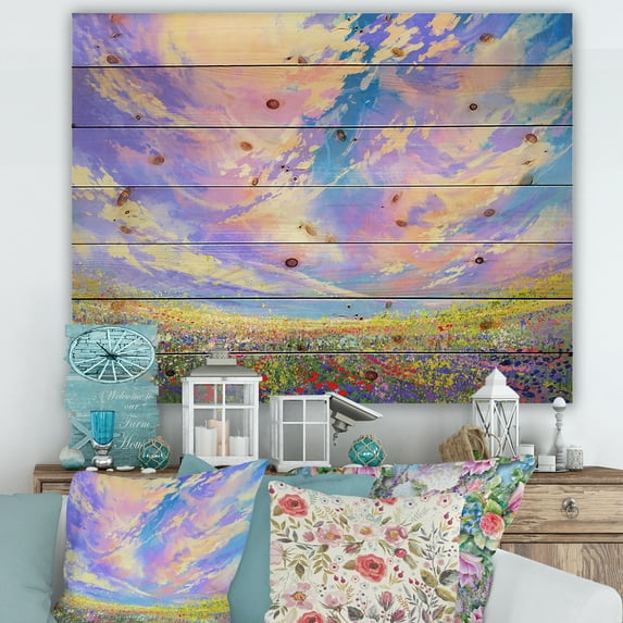 Designart 'Gorgeous Clouds Over Colorful Flowers In Field' Traditional Print on Natural Pine Wood