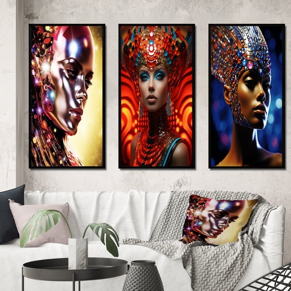 Designart "Gorgeous Woman in Futuristic Glamour II" Fashion Woman Framed Wall Art Set Of 3 - Blue Glam Frame Gallery Wall Set For Home Decor