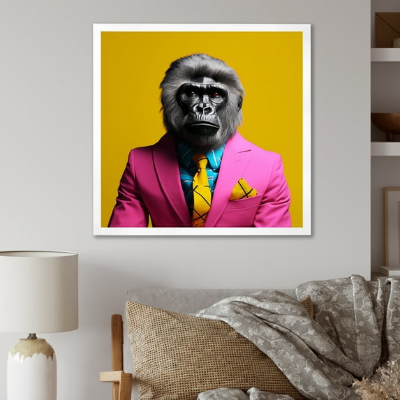 Designart "Gorilla in a Yellow Suit" Animals Framed Wall Art Decor - Modern Pink Gorilla Entryway Framed Wall Art Print
