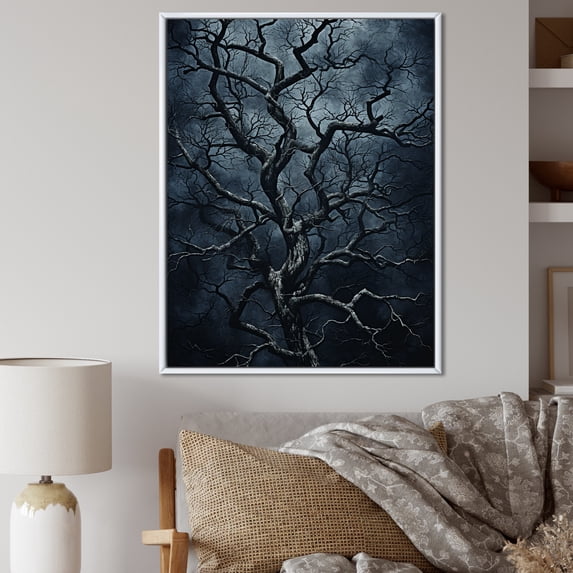 Designart "Gothic Tree at Night in Grey I" Landscapes Framed Wall Art - Country Grey Tree Living Room Framed Canvas Art