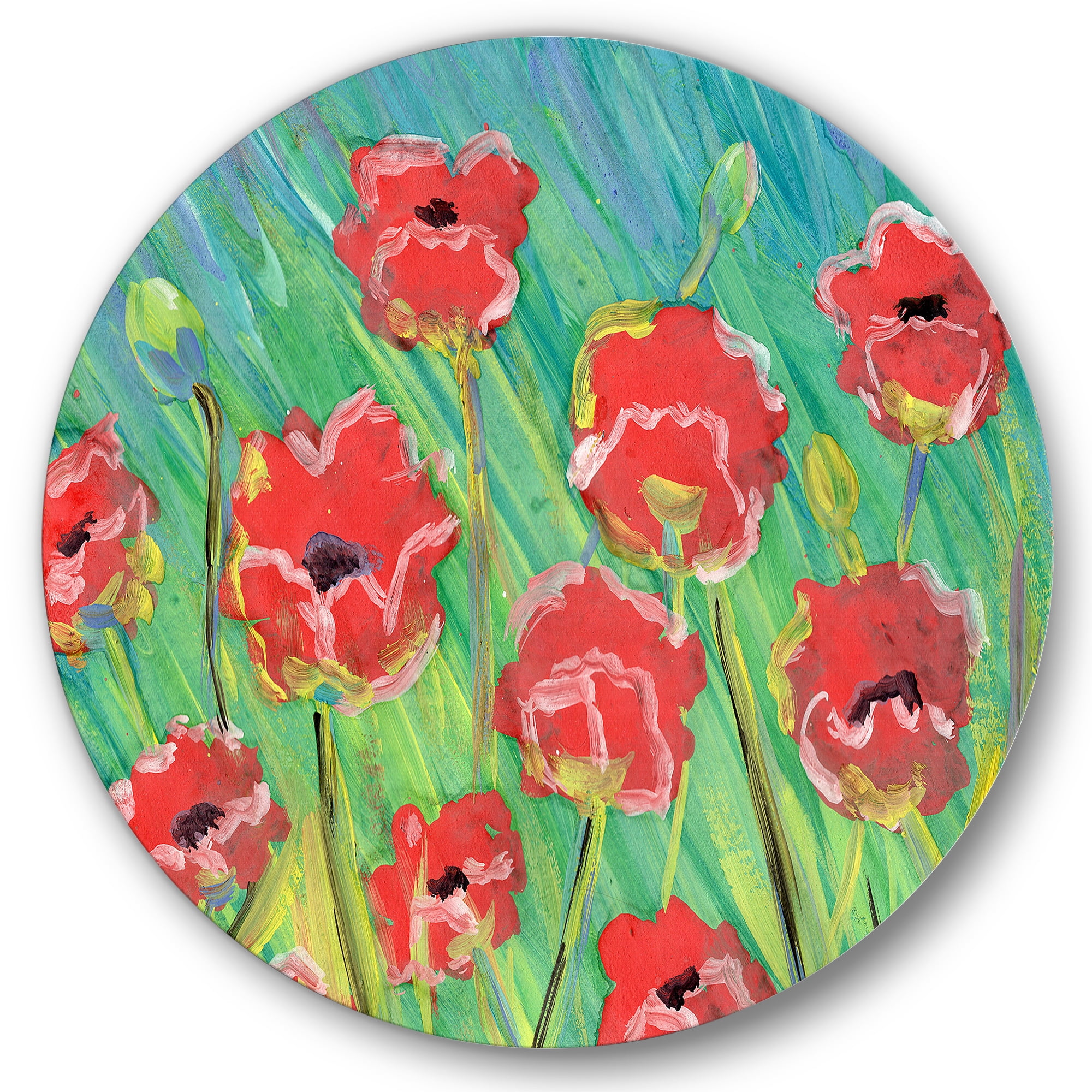 Designart 'Gouache Of Blooming Red Poppies' Traditional Circle Metal Wall Art 23x23 - Disc of 23