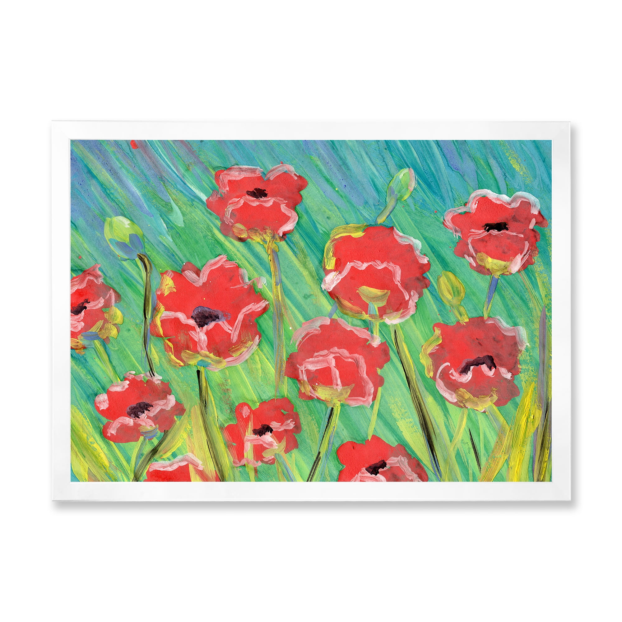 Designart 'Gouache Of Blooming Red Poppies' Traditional Framed Art Print