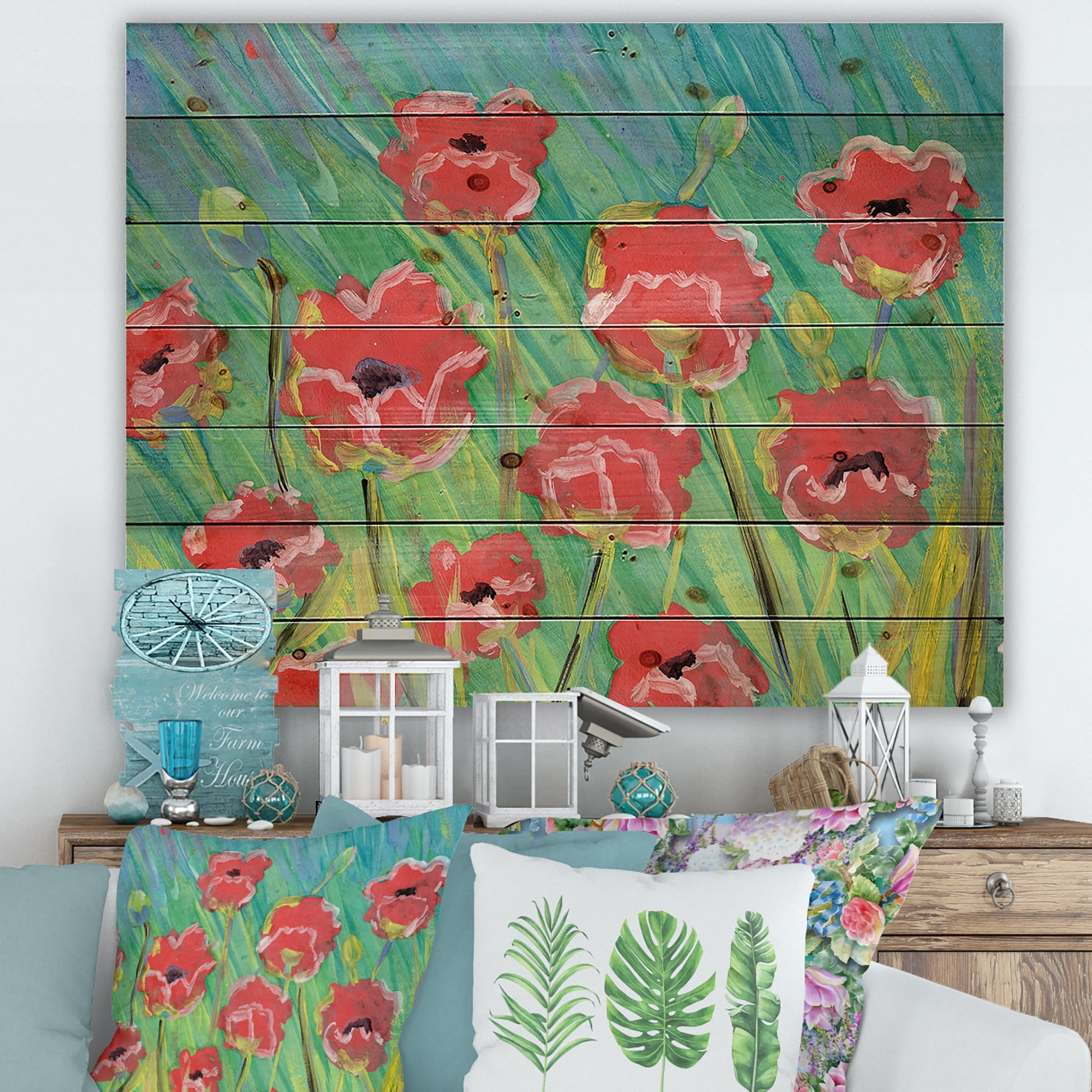 Designart 'Gouache Of Blooming Red Poppies' Traditional Print on Natural Pine Wood