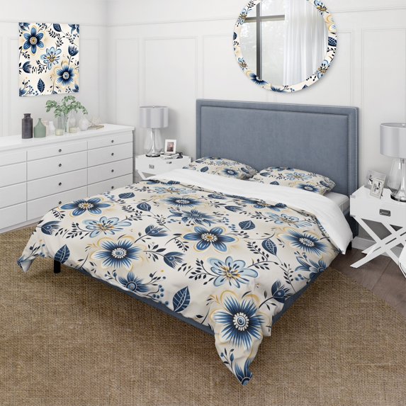 Designart "Graceful Antique Blue Florals" Floral Bedding Covert Set - Cottage Bed Set With 2 Shams