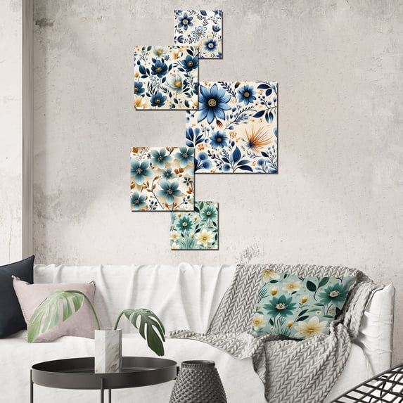 Designart "Graceful Antique Blue Florals" Floral Wall Art Set Of 5 - Blue Cottage For Bedroom Wall Art Set