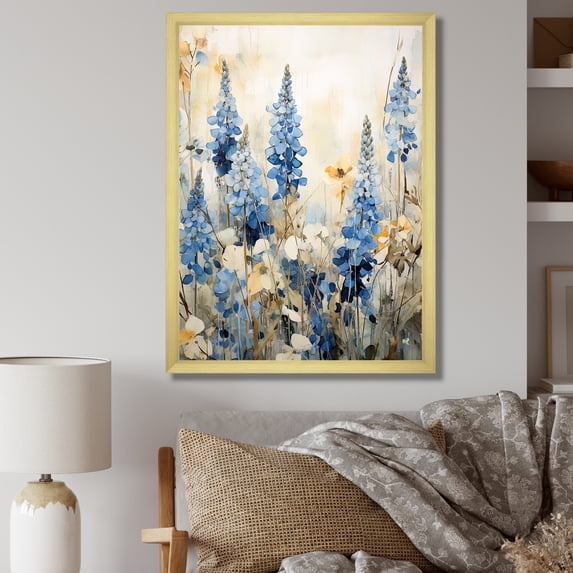 Designart "Graceful Blue Bonnets Field II" Blue Bonnets Picture Framed Wall Art Living Room