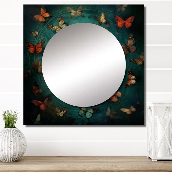 Designart "Graceful Butterfly Gesture Of Contemplation" Yoga Red Large Square Mirror - Square Bedroom Mirror Printed Wall Decor - Traditional Square Printed Wall Mirror Art