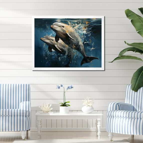 Designart "Graceful Dance Blue Dolphins I" Animals Framed Wall Art Decor - Modern Farmhouse Blue Dolphin Hallway Framed Wall Art Decor