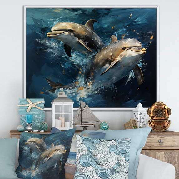 Designart "Graceful Dance Blue Dolphins III" Animals Framed Wall Art - Modern Farmhouse Blue Dolphin Entryway Framed Wall Art