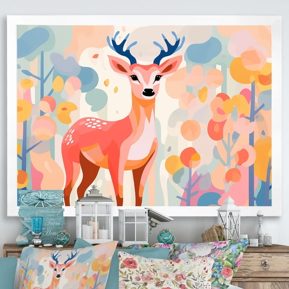 Designart "Graceful Deer Amidst Pink Florals I" Animals Framed Wall Art Decor - Modern Farmhouse Pink Deer Landscape Living Room Framed Canvas Art