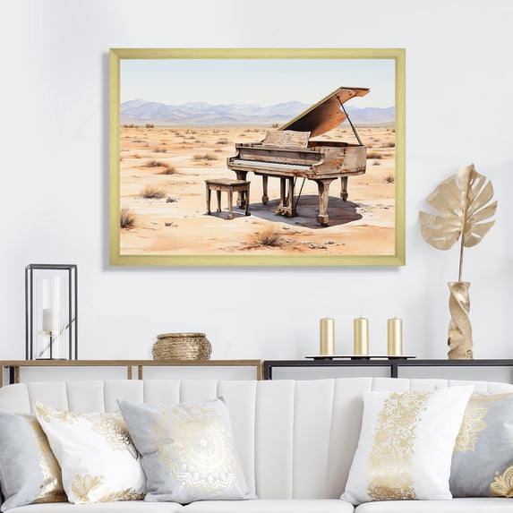 Designart "Graceful Desert Piano in Watercolor II" Music Framed Wall Art Decor - Vintage Brown Music Piano Living Room Framed Canvas Art