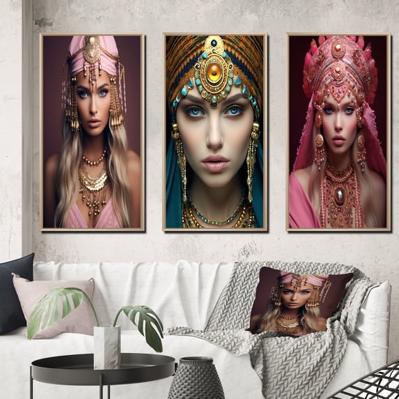 Designart "Graceful Exquisiteness Portrait of a Boho Queen I" Boho Woman Framed Wall Art Set Of 3 - Pink Woman Boho Frame Gallery Wall Set For Home Decor