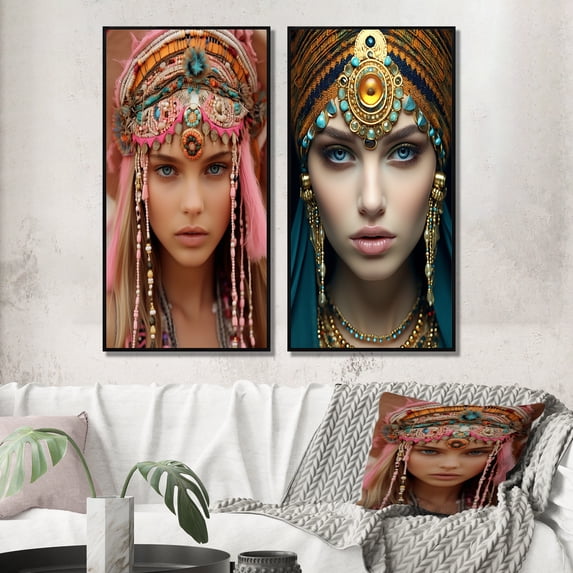 Designart "Graceful Exquisiteness Portrait of a Boho Queen II" Boho Woman Framed Wall Art Set Of 2 - Glam Pink Framed Canvas Set For Living Room Decor
