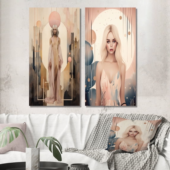 Designart "Graceful Free Spirit in Art Nouveau Style" Woman Avant-Garde Wall Art Set Of 2 - Glam Pink Gallery Wall Set For Home Decor