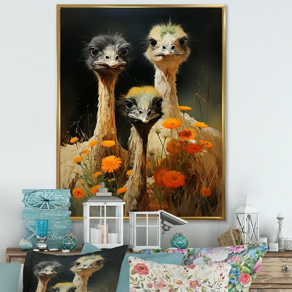 Designart "Graceful Grazers: Ostriches In A Family" Ostriches Floater Framed Wall Art Living Room