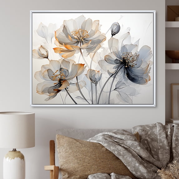 Designart "Graceful Grey-White Tulip Elegance I" Tulips Floater Framed Canvas Prints