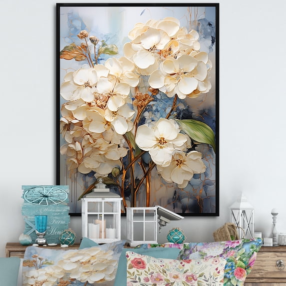 Designart "Graceful Hydrangea In Minimal Beige I" Hydrangea Floater Framed Canvas Prints