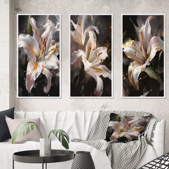 Designart "Graceful Lilies White III" Floral Lily Framed Wall Art Set Of 3 - White Lily Frame Canvas Set For Living Room Decor
