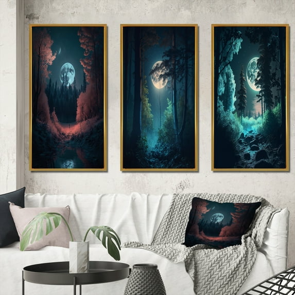 Designart "Graceful Midnight Forest Full Moon Magic III" Forest Framed Wall Art Set Of 3 - Blue Traditional Frame Canvas Set For Living Room Decor